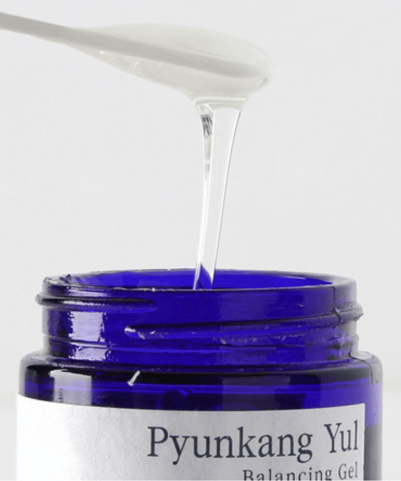 PYUNKANG YUL Balancing Gel 100ml in blue jar with gel being poured from a spoon.