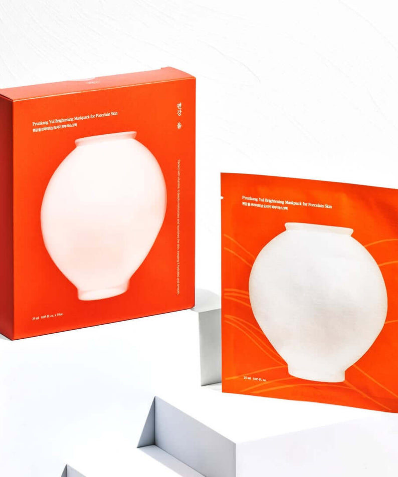 PYUNKANG YUL Brightening Porcelain Skin Mask Pack 10 pieces box and mask display on white background.