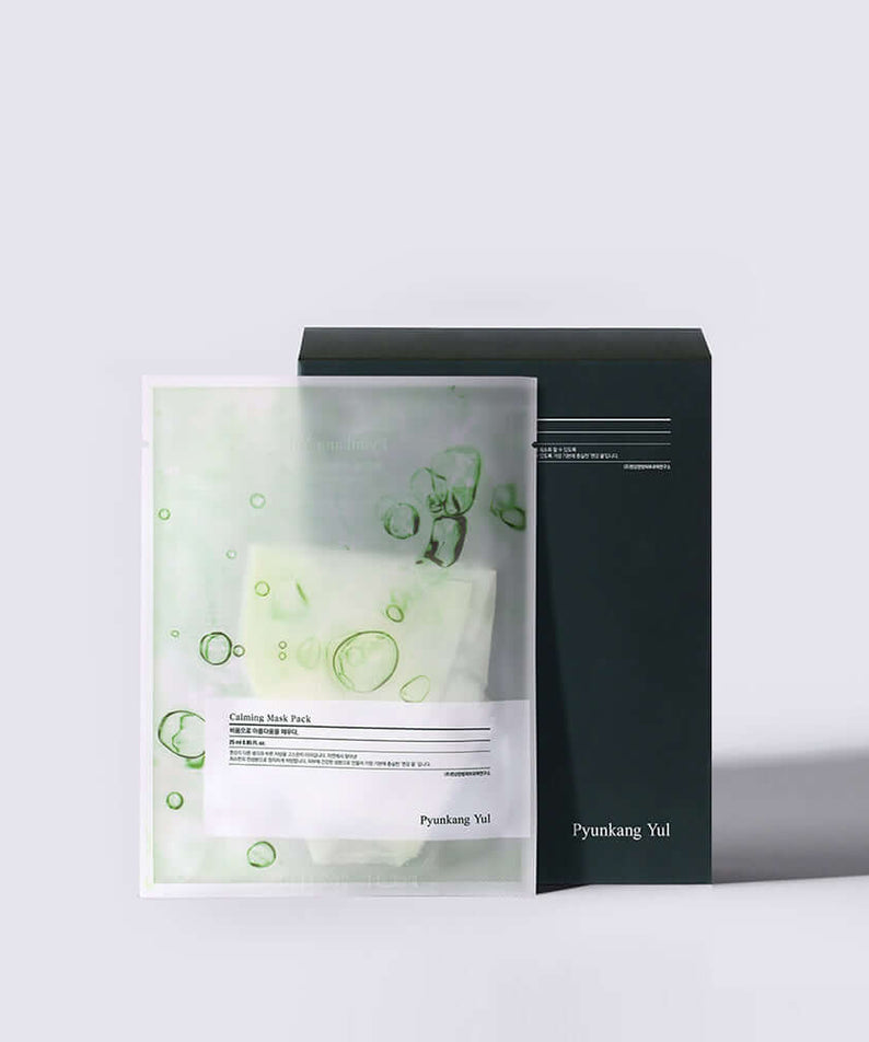 PYUNKANG YUL Calming Mask Pack 10 Pieces packaging with box and mask visible, skincare face mask pack