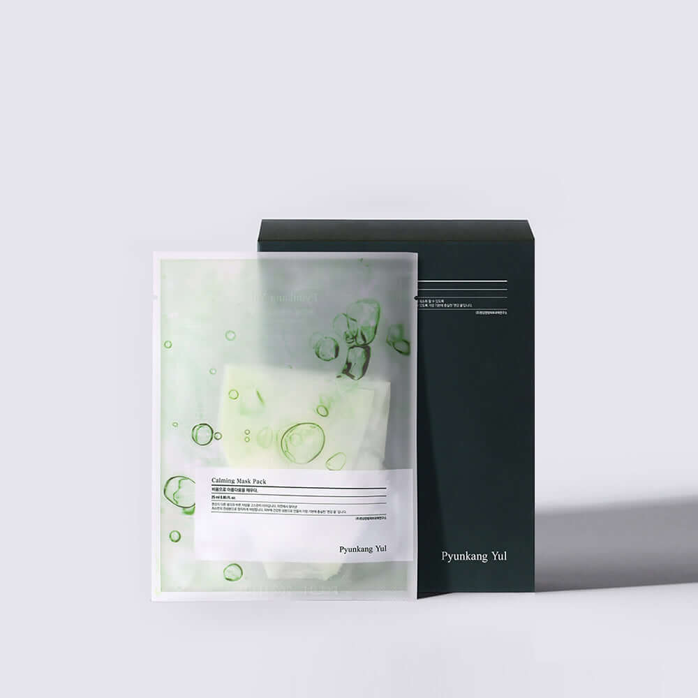 PYUNKANG YUL Calming Mask Pack 10 Pieces packaging with box and mask visible, skincare face mask pack