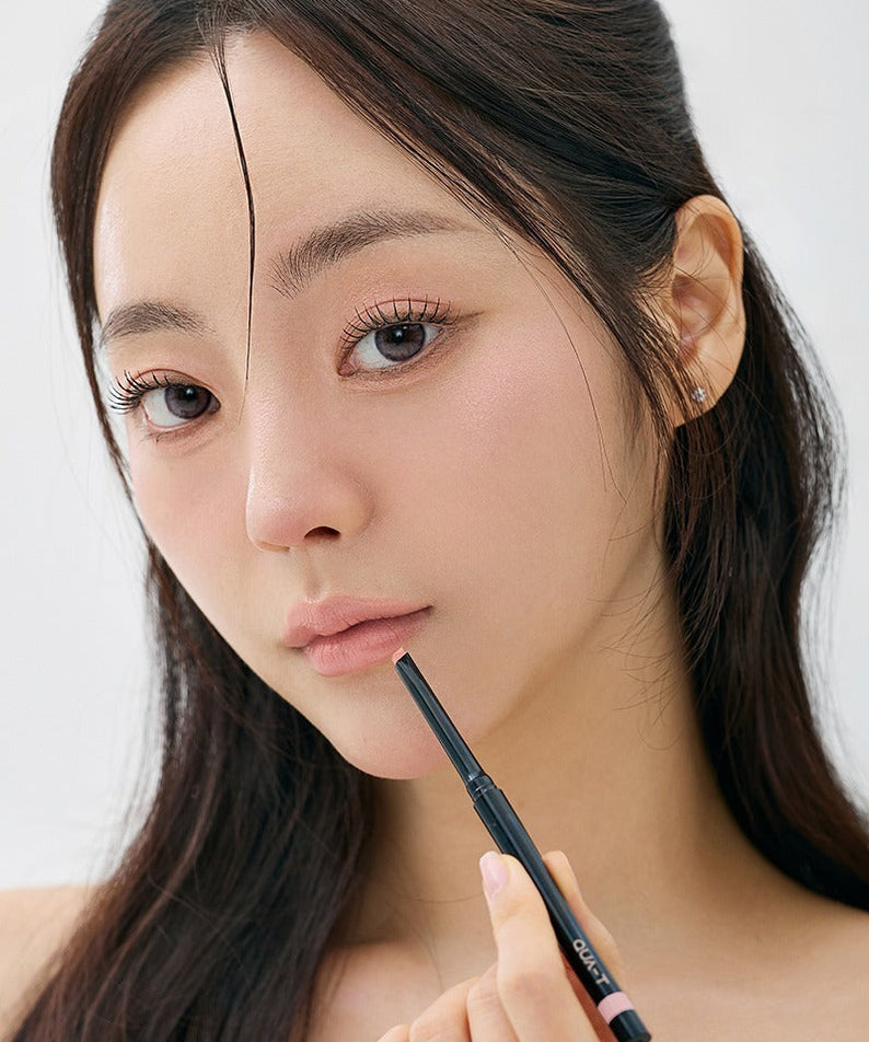 Model applying QUA-T NEW My Mood Lip Liner, showcasing soft and natural makeup look.