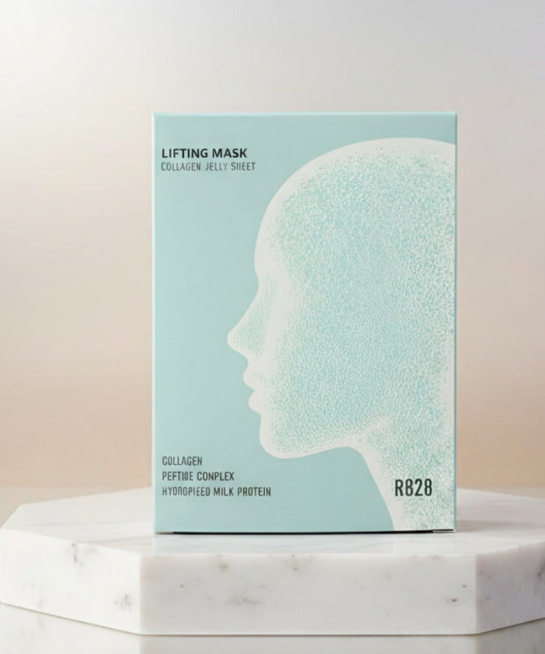 Box of R828 Lifting Mask Pack (5 pieces) collagen jelly sheet displayed on a marble surface for youthful skin care.