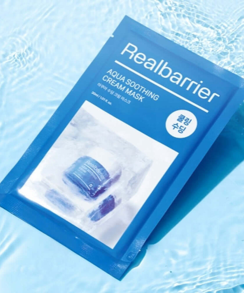 REAL BARRIER Aqua Soothing Cream Mask 10 Sheets on blue water background