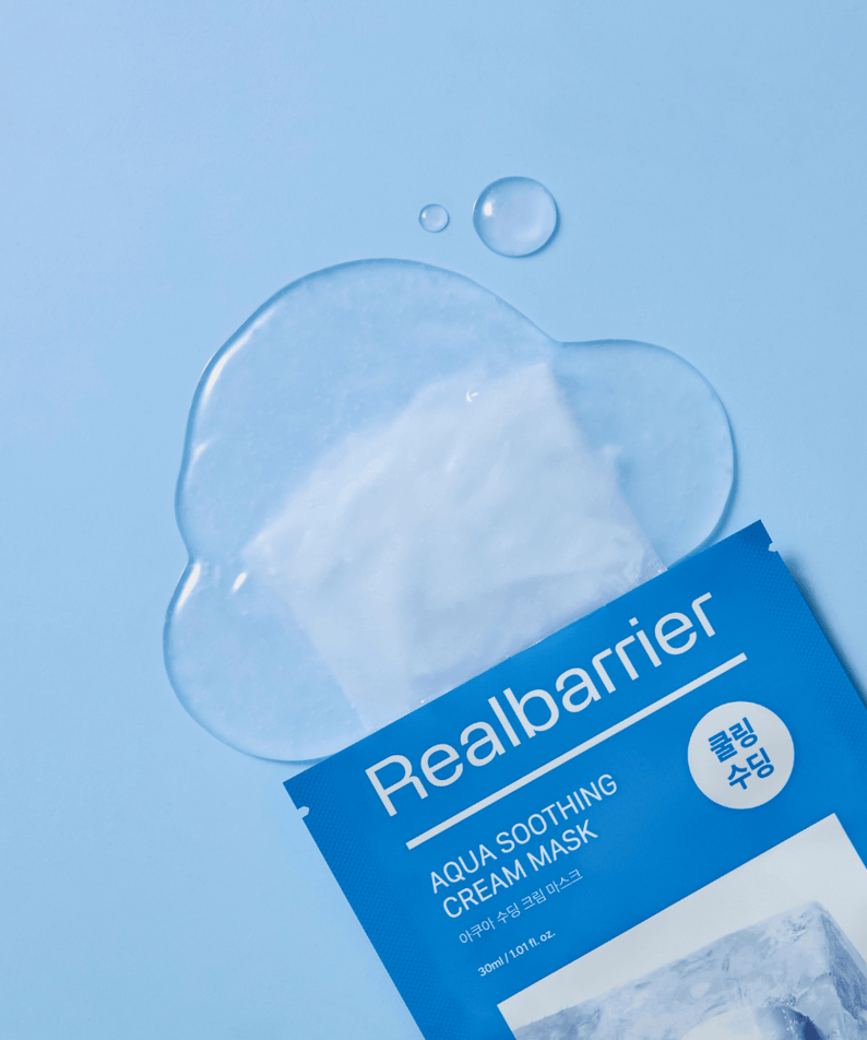 REAL BARRIER Aqua Soothing Cream Mask 10 Sheets on blue background with soothing water splash effect