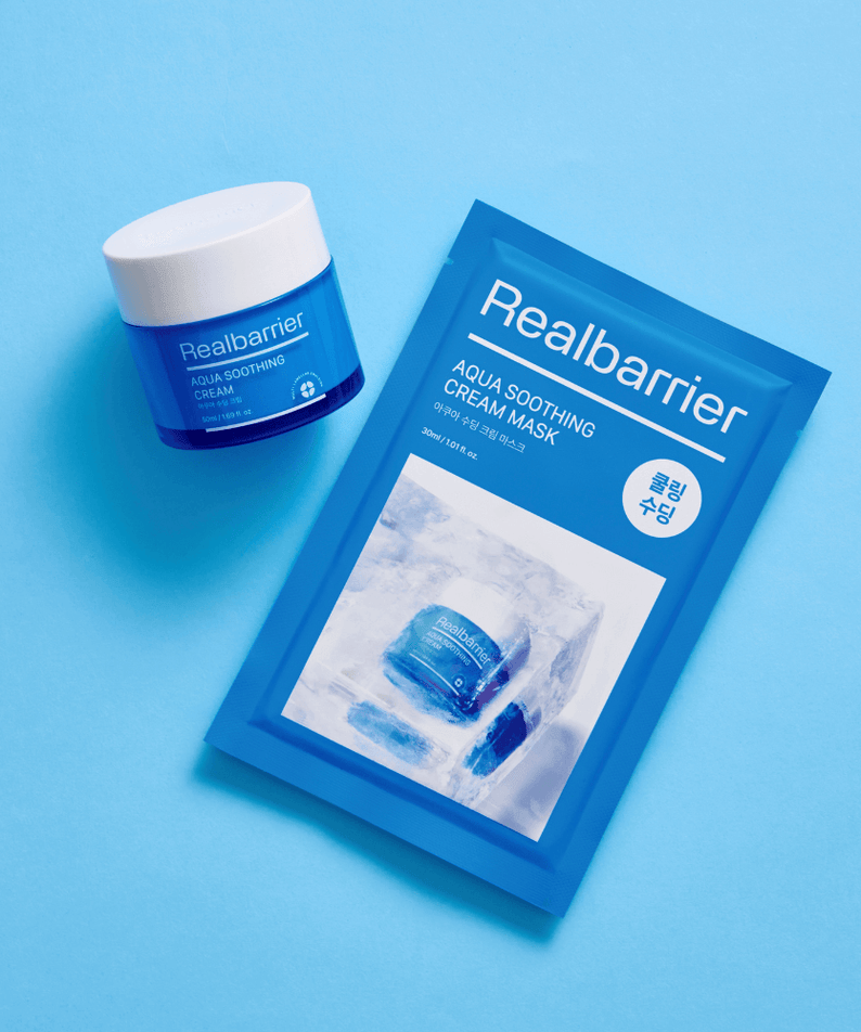 REAL BARRIER Aqua Soothing Cream Mask 10 Sheets on a blue background.