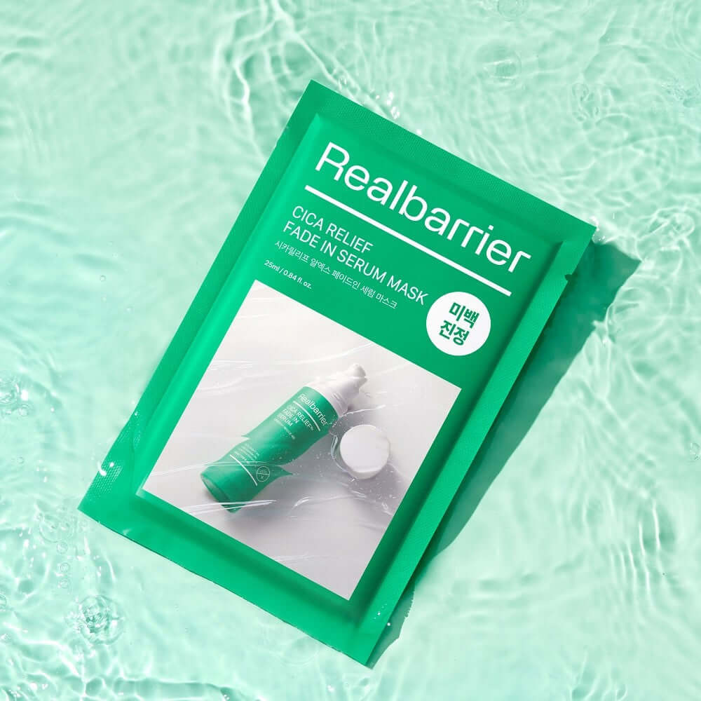 REAL BARRIER Cica Relief Rx Fade-In Serum Mask 10 Sheets package on water surface