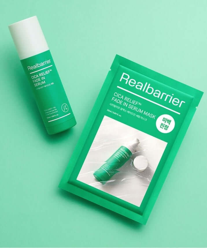 REAL BARRIER Cica Relief Rx Fade-In Serum Mask 10 Sheets package and serum bottle on green background