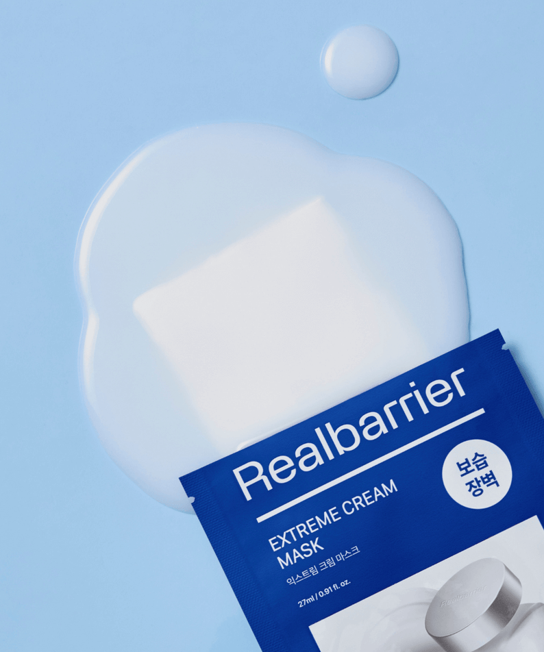 REAL BARRIER Extreme Cream Mask 10 Sheets on blue background with spilled cream
