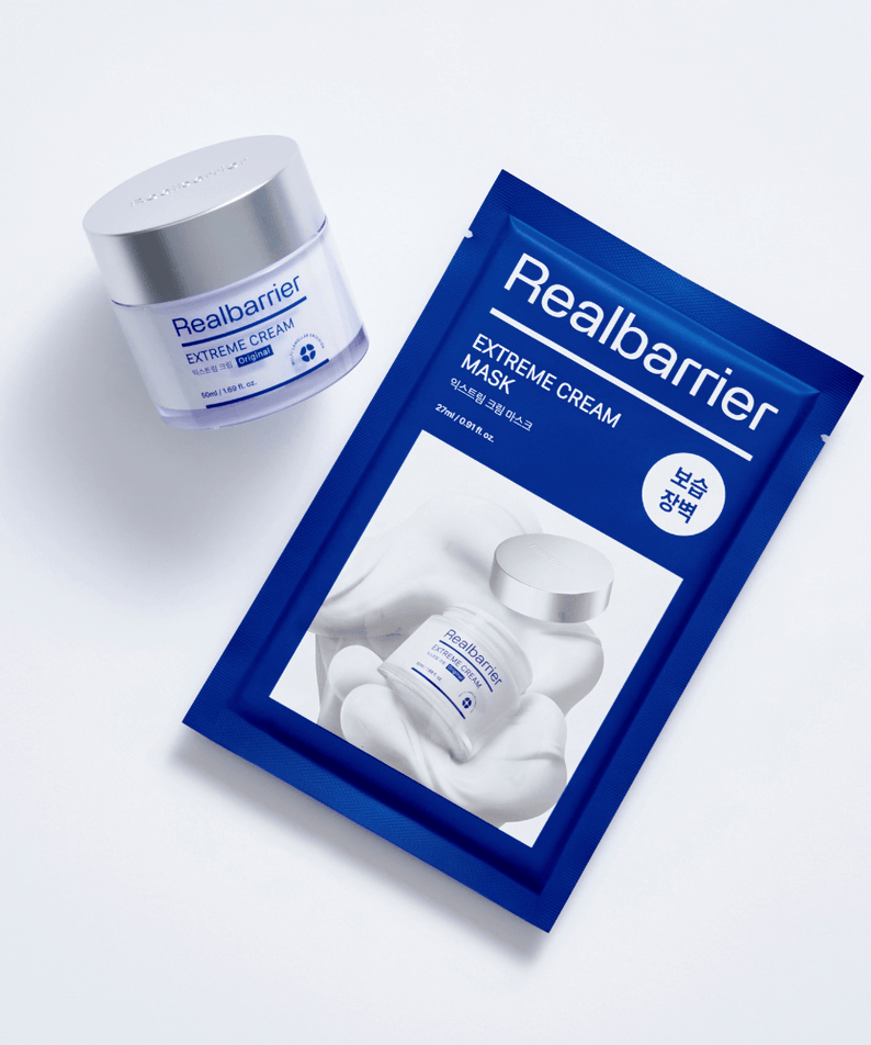 REAL BARRIER Extreme Cream Mask 10 Sheets, moisturizing skincare mask, product packaging and jar on white background