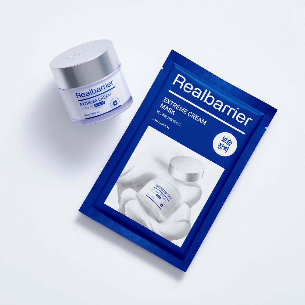 REAL BARRIER Extreme Cream Mask 10 Sheets, moisturizing skincare mask, product packaging and jar on white background