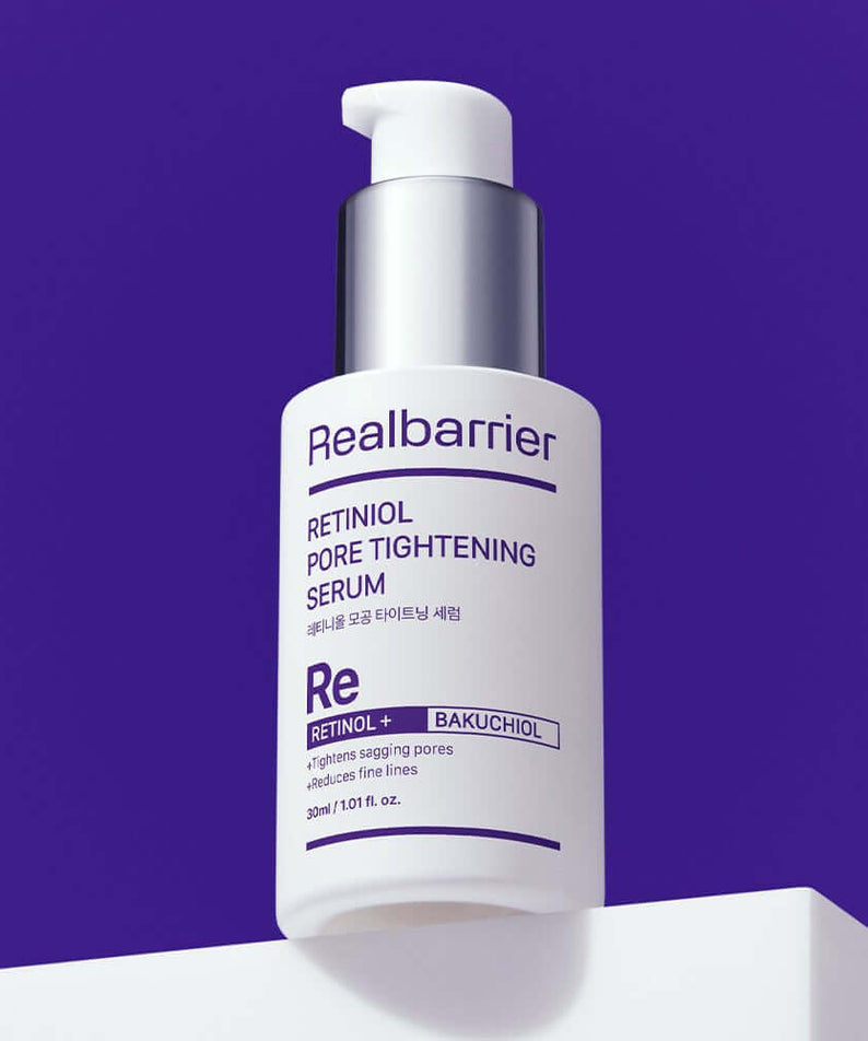 REAL BARRIER Retinol Pore Tightening Serum 30ml on a purple background