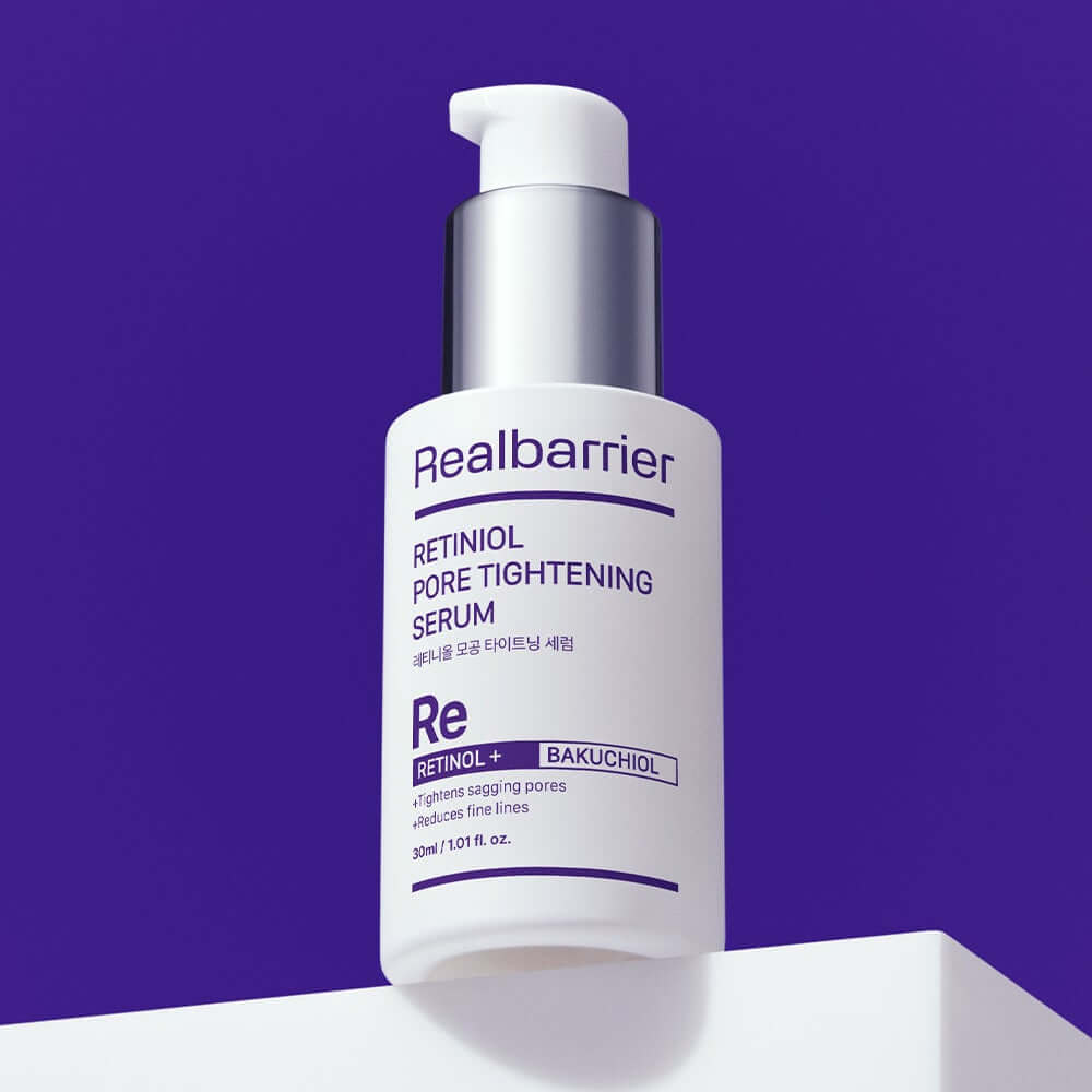 REAL BARRIER Retinol Pore Tightening Serum 30ml on a purple background