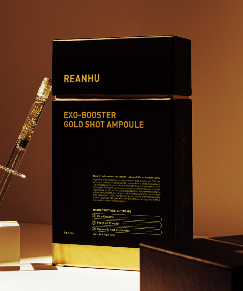 REANHU Exo Booster Gold Shot Ampoule 2 g X 7 ea luxury packaging and gold ampoule for men's skincare by Gentleman Korea
