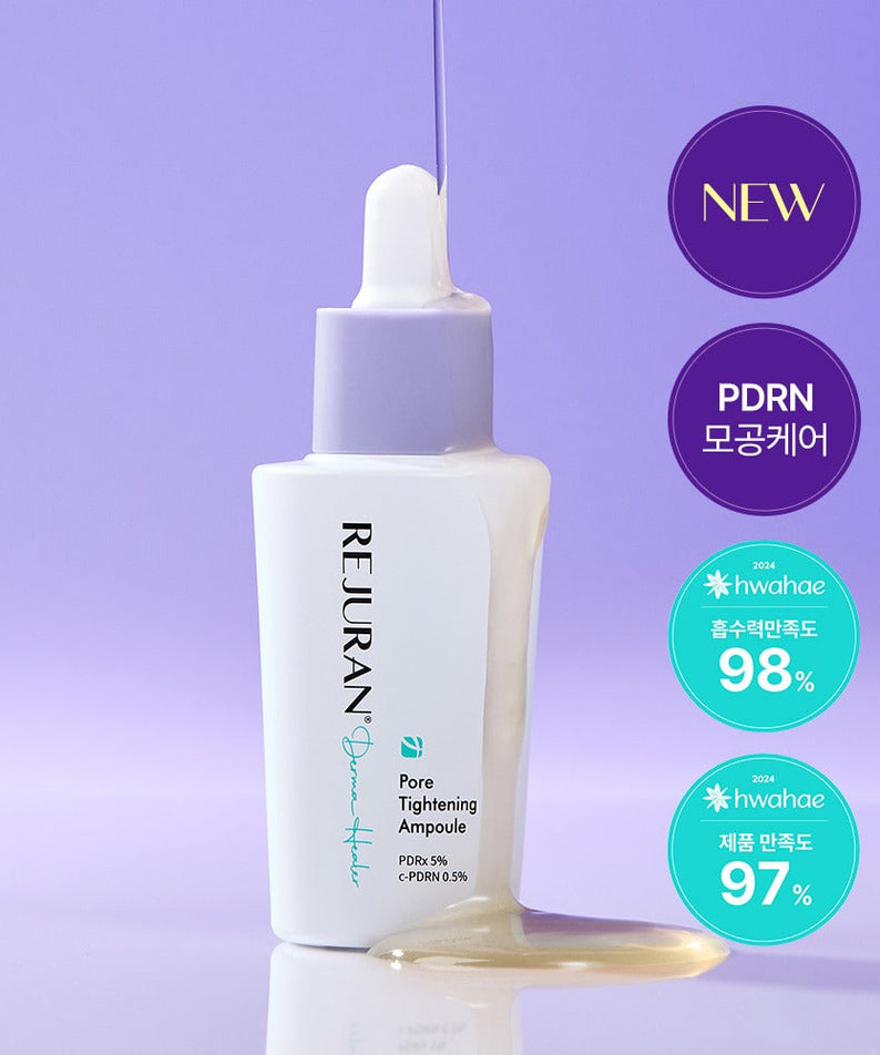 Image of REJURAN Derma Healer Pore Tightening Ampoule 30ml bottle with a pipette, featuring product information and ratings on a purple background.
