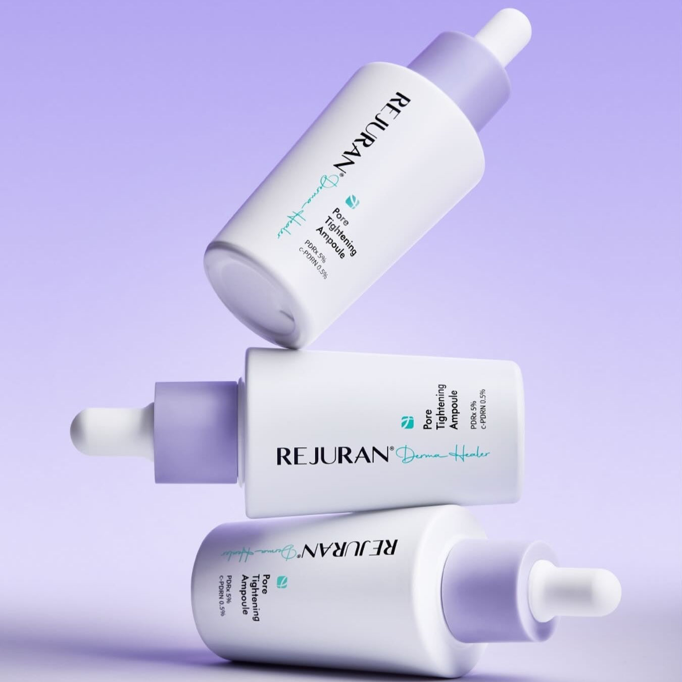 Three bottles of REJURAN Derma Healer Pore Tightening Ampoule 30ml arranged artistically on a purple background.