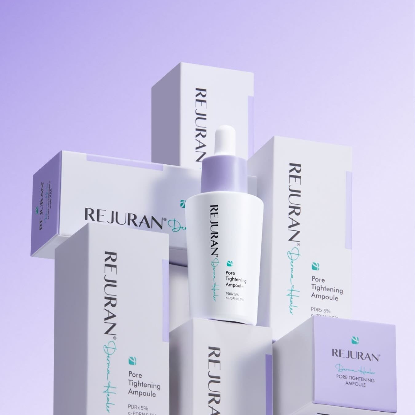 REJURAN Derma Healer Pore Tightening Ampoule 30ml with boxes on a purple background
