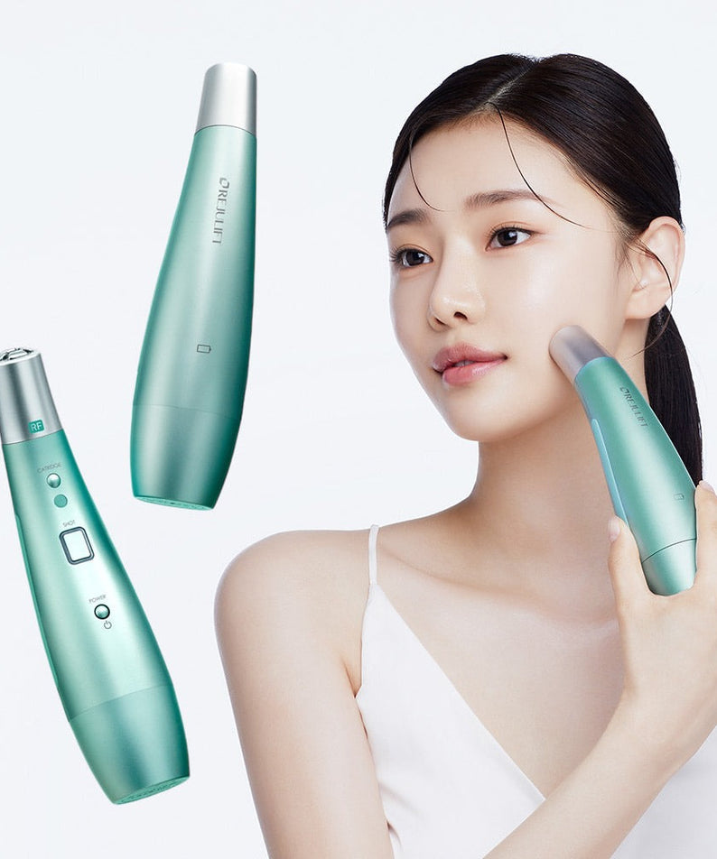 Woman using REJURAN Premium Beauty Device on her face with two devices displayed next to her.