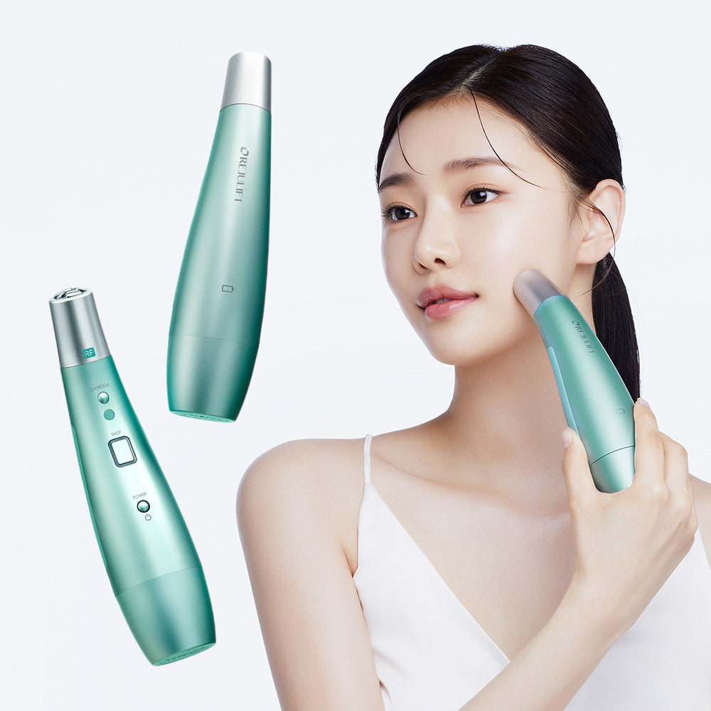 Woman using REJURAN Premium Beauty Device on her face with two devices displayed next to her.