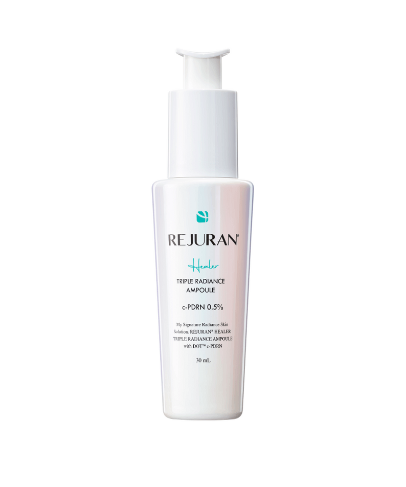 REJURAN Triple Radiance Ampoule c-PDRN 0.5% 30ml skincare product in white bottle with pump dispenser