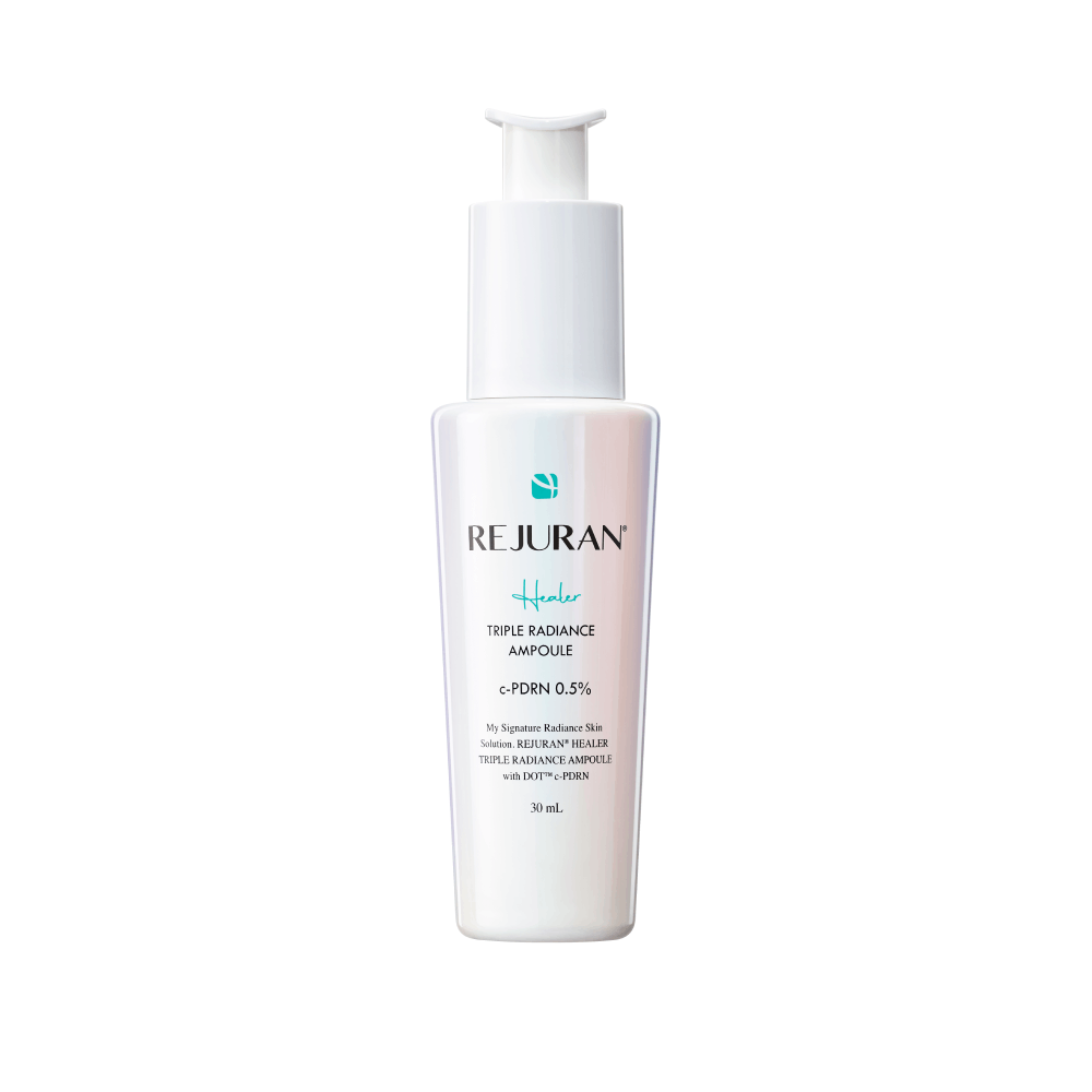 REJURAN Triple Radiance Ampoule c-PDRN 0.5% 30ml skincare product in white bottle with pump dispenser