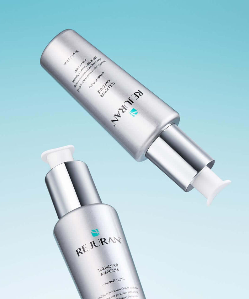 REJURAN Turnover Ampoule 30ml product image showing two silver bottles against a blue background