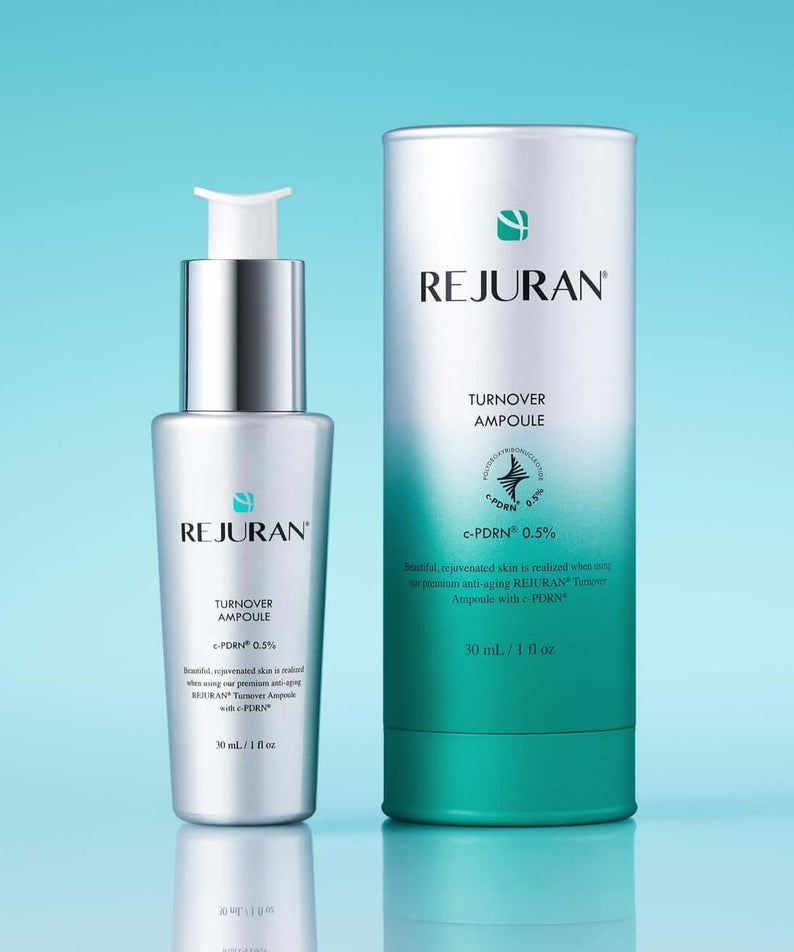 REJURAN Turnover Ampoule 30ml product packaging with bottle and box, enhancing skincare routine, 30ml size for optimal results.
