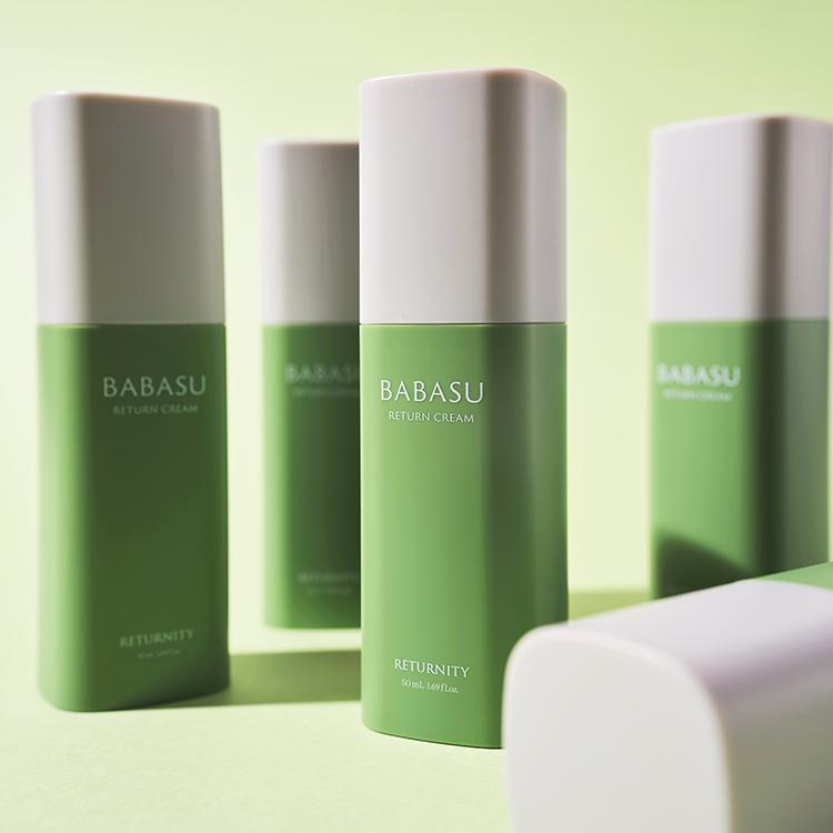 RETURNITY Babassu Return Cream 50ml bottles arranged on a light green background, showcasing product design and packaging.