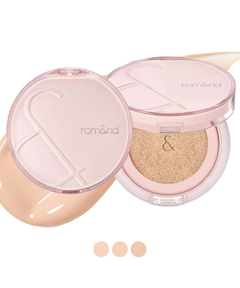 ROMAND Bloom in Coverfit Cushion makeup cosmetic compact with product sample displayed