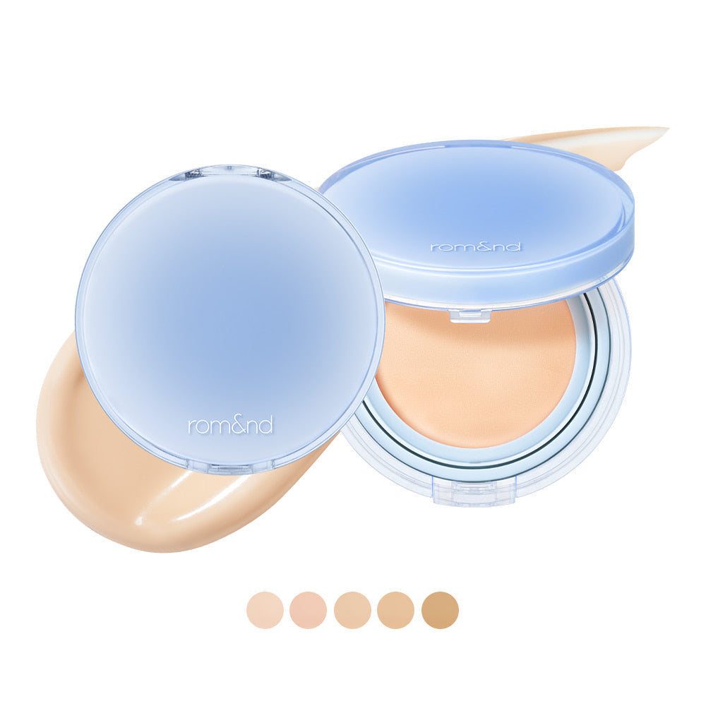ROMAND bare water cushion compact with shades, displaying lightweight foundation options.