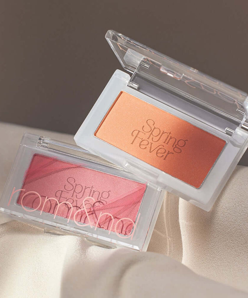 ROMAND better than cheek #springfever blush products in peach and pink shades, offering vibrant, long-lasting color for a fresh look.