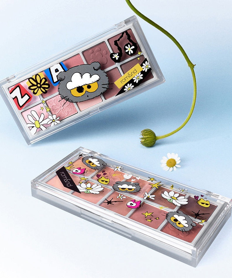 ROMAND x Joanne Friends Better Than Palette with floral and cartoon designs, showcasing vibrant colors in a clear case
