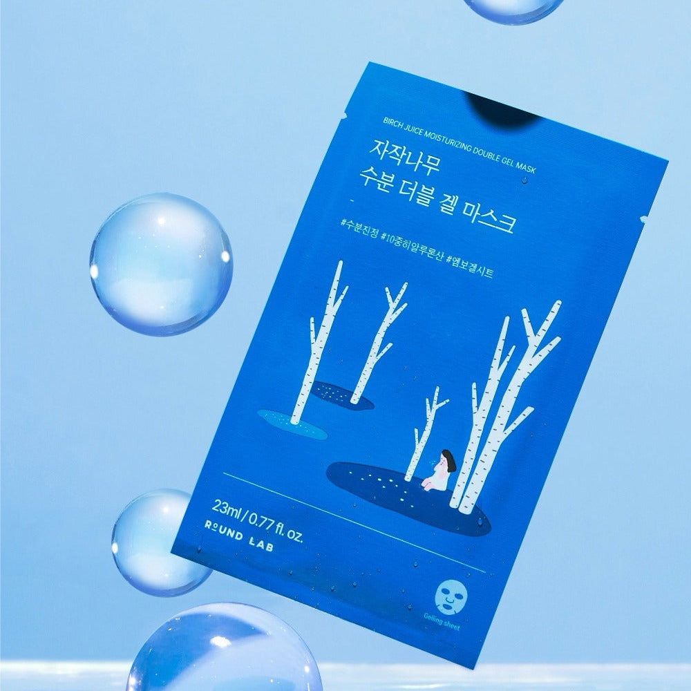 Image of ROUND LAB Birch Moisture Double Gel Mask (10 sheets) packaging with birch tree design and blue bubbles on a light background.