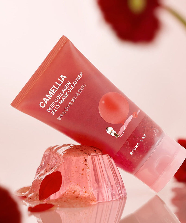 ROUND LAB Camellia Deep Collagen Jelly Pack Cleanser 150ml with red camellia flowers.