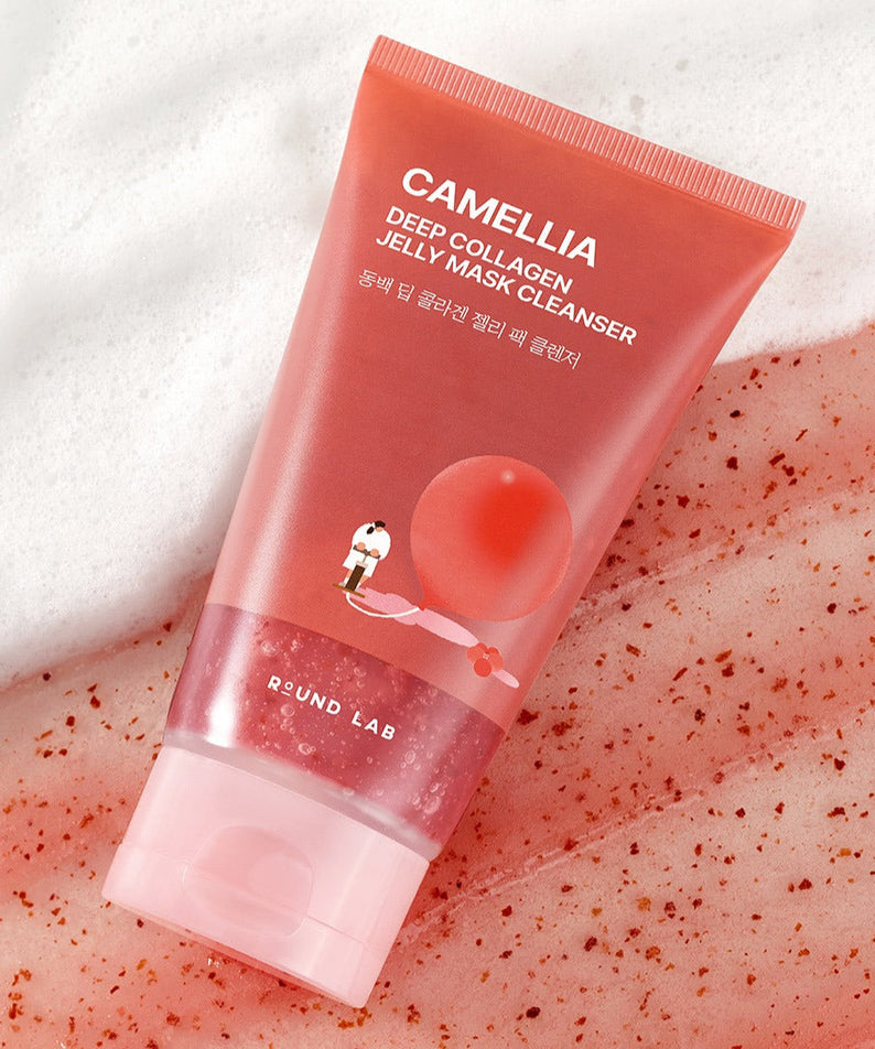 ROUND LAB Camellia Deep Collagen Jelly Pack Cleanser 150ml on textured background