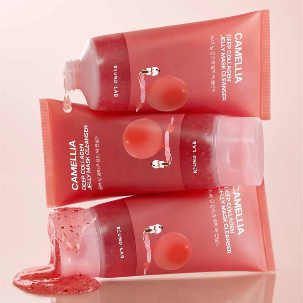 ROUND LAB Camellia Deep Collagen Jelly Pack Cleanser 150ml in elegant packaging with texture detail