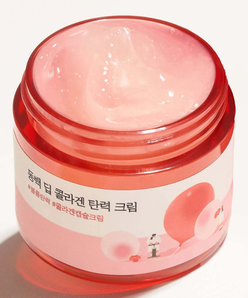 ROUND LAB Dongbaek Deep Collagen Elasticity Cream 50ml jar with pink cream, enhancing skin elasticity and hydration.