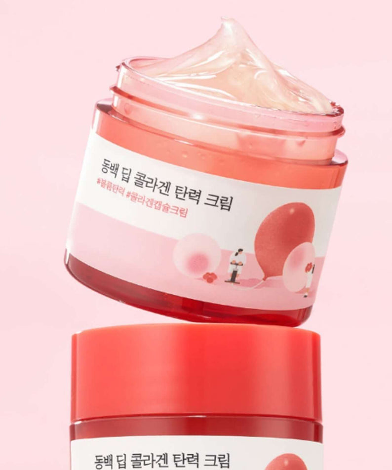 ROUND LAB Dongbaek Deep Collagen Elasticity Cream 50ml jar with open lid showcasing smooth cream texture.