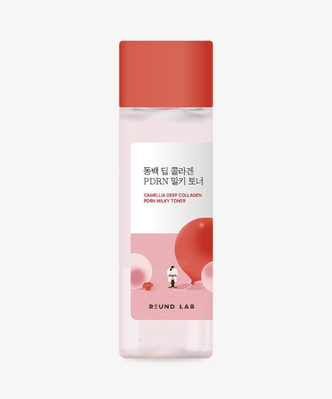 Image of ROUND LAB Dongbaek Deep Collagen PDRN Milky Toner 150ml bottle with pink and red themed design.