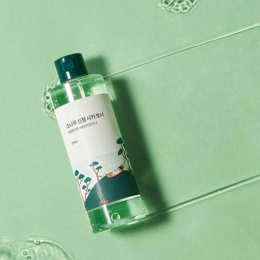 Bottle of ROUND LAB Pine Calming Cica Toner 250ml on a green background