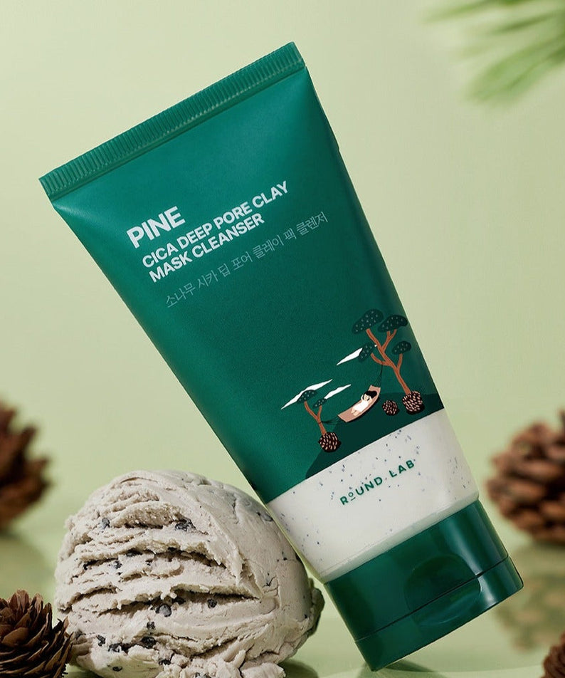 ROUND LAB Pine Cica Deep Pore Clay Pack Cleanser 150ml in green packaging with natural elements in background
