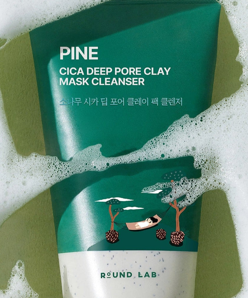 ROUND LAB Pine Cica Deep Pore Clay Pack Cleanser 150ml with lush pine forest design on packaging