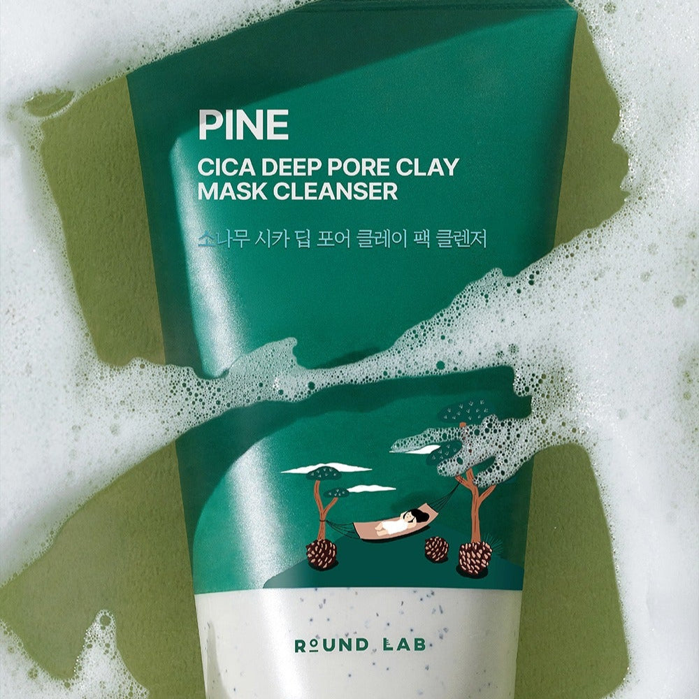 ROUND LAB Pine Cica Deep Pore Clay Pack Cleanser 150ml with lush pine forest design on packaging