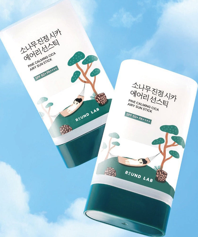 ROUND LAB Pine Soothing Cica Airy Sun Stick 19g with calming pine and cica extract for soothing SPF protection.