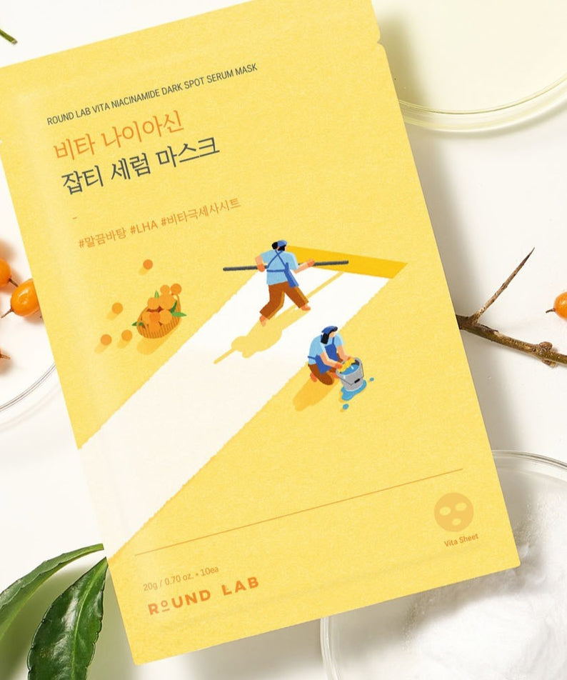 Image of ROUND LAB Vita Niacinamide Dark Spot Serum Mask package on a flat surface.
