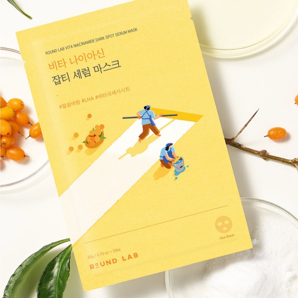 Image of ROUND LAB Vita Niacinamide Dark Spot Serum Mask package on a flat surface.
