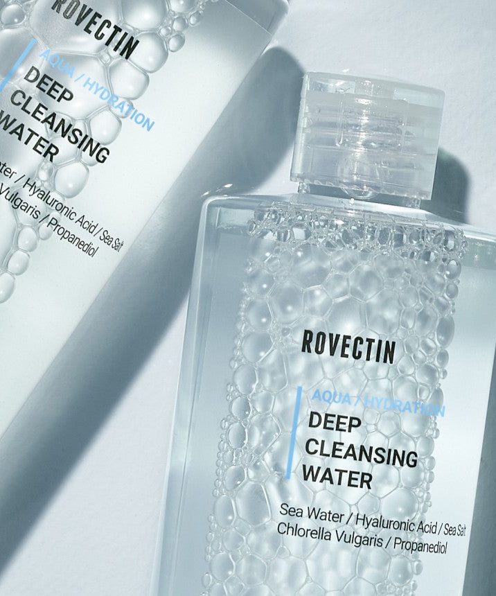 ROVECTIN Aqua Deep Cleansing Water 400ml bottle with hydrating formula and natural ingredients.