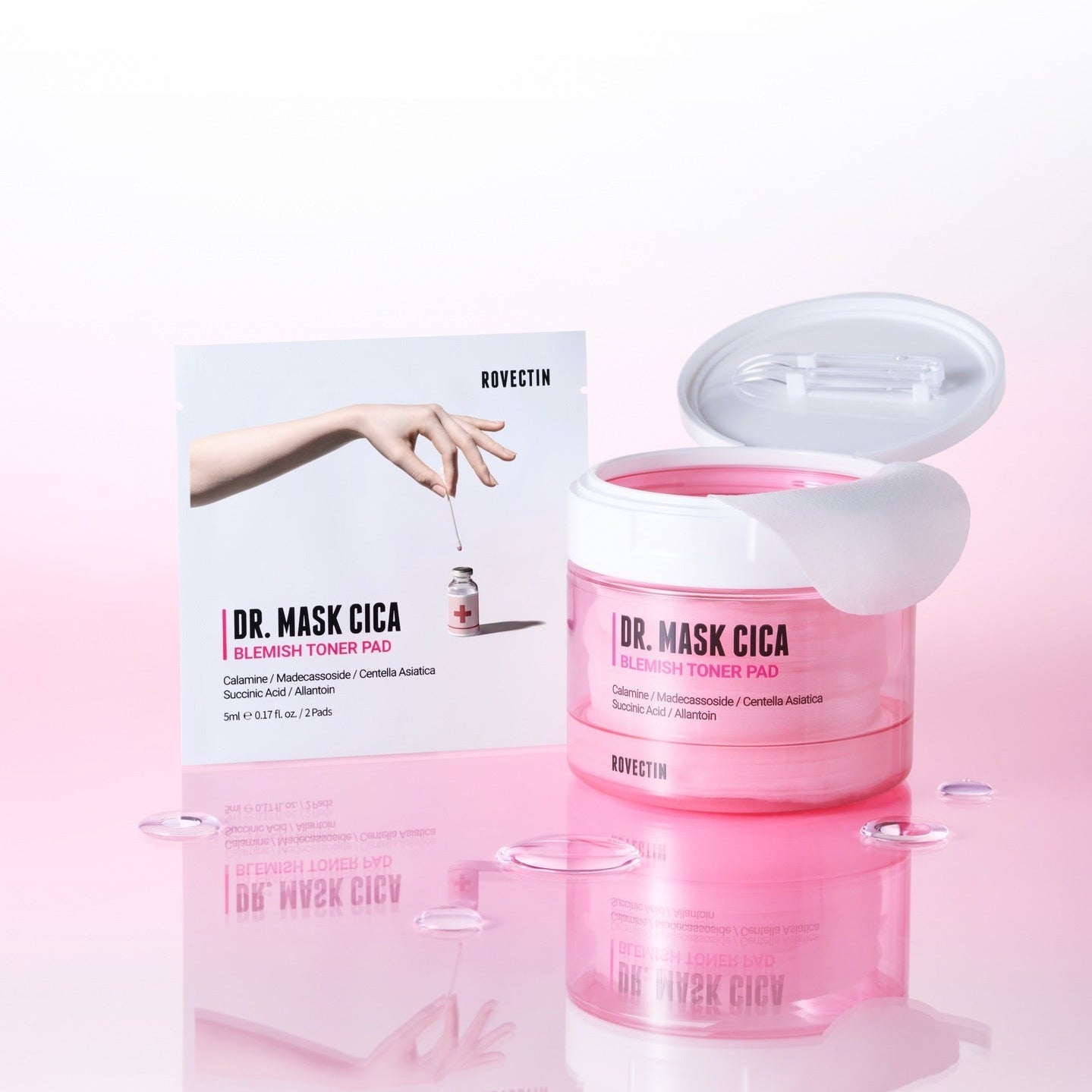ROVECTIN Dr.Mask Cica Blemish Toner Pads 60 Sheets with open lid and packaging displayed
