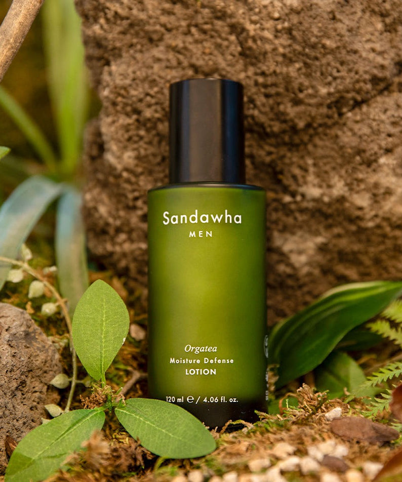SANDAWHA For Men Orgatea Moiture Defense Lotion 120ml bottle on natural forest background by Gentleman Korea