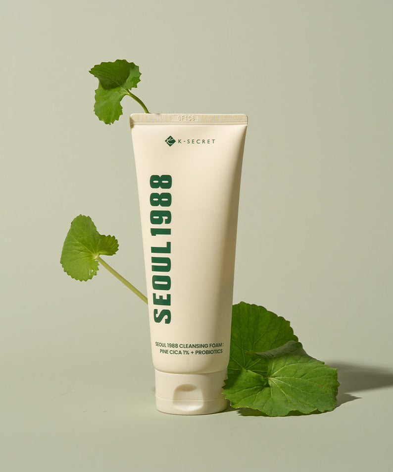 SEOUL 1988 Pine Cica Cleansing Foam with green leaves on a neutral background