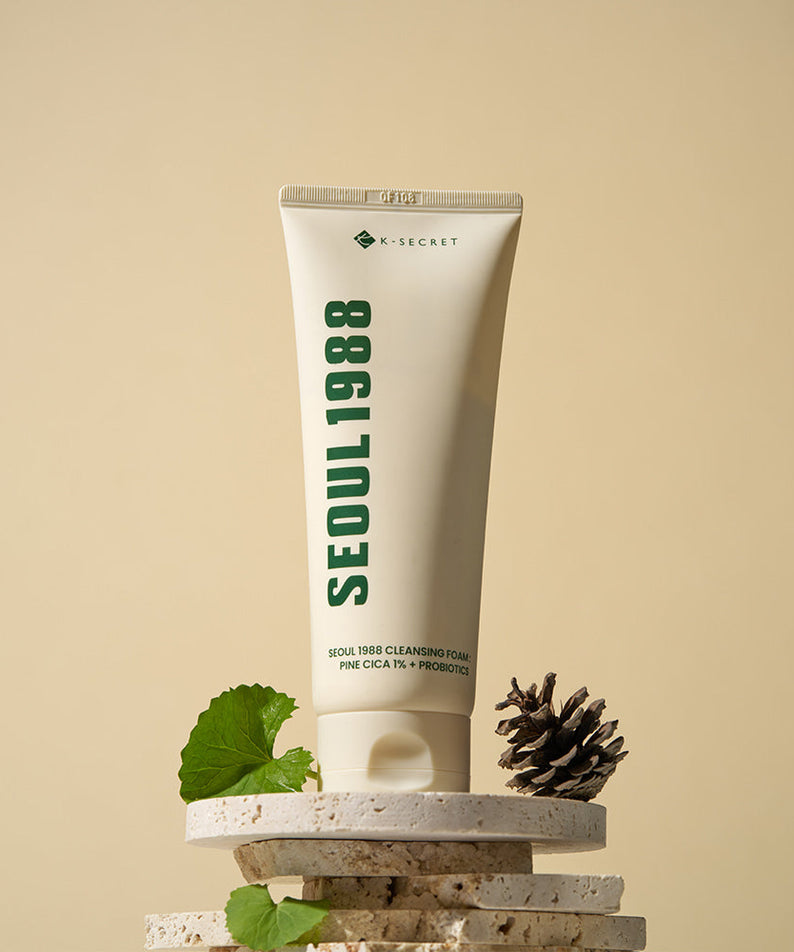SEOUL 1988 Pine Cica Cleansing Foam displayed with pinecone and leaves on stacked stones